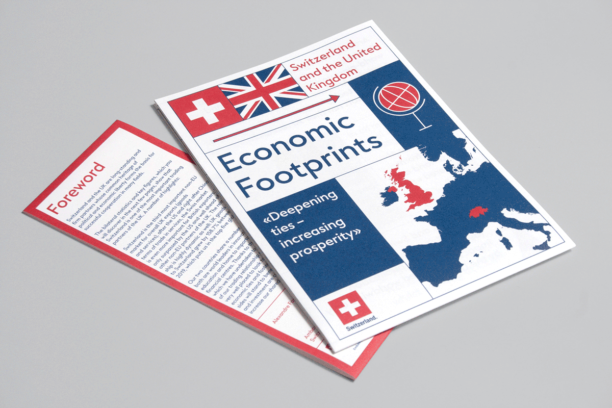 Small statistics and illustrations visualize the connection between Switzerland and Great Britain from an economic point of view. Facts and figures from the four subjects: commerce, science and innovation, finance and tourism point to the relationships, deepenning ties and increasing prosperity.