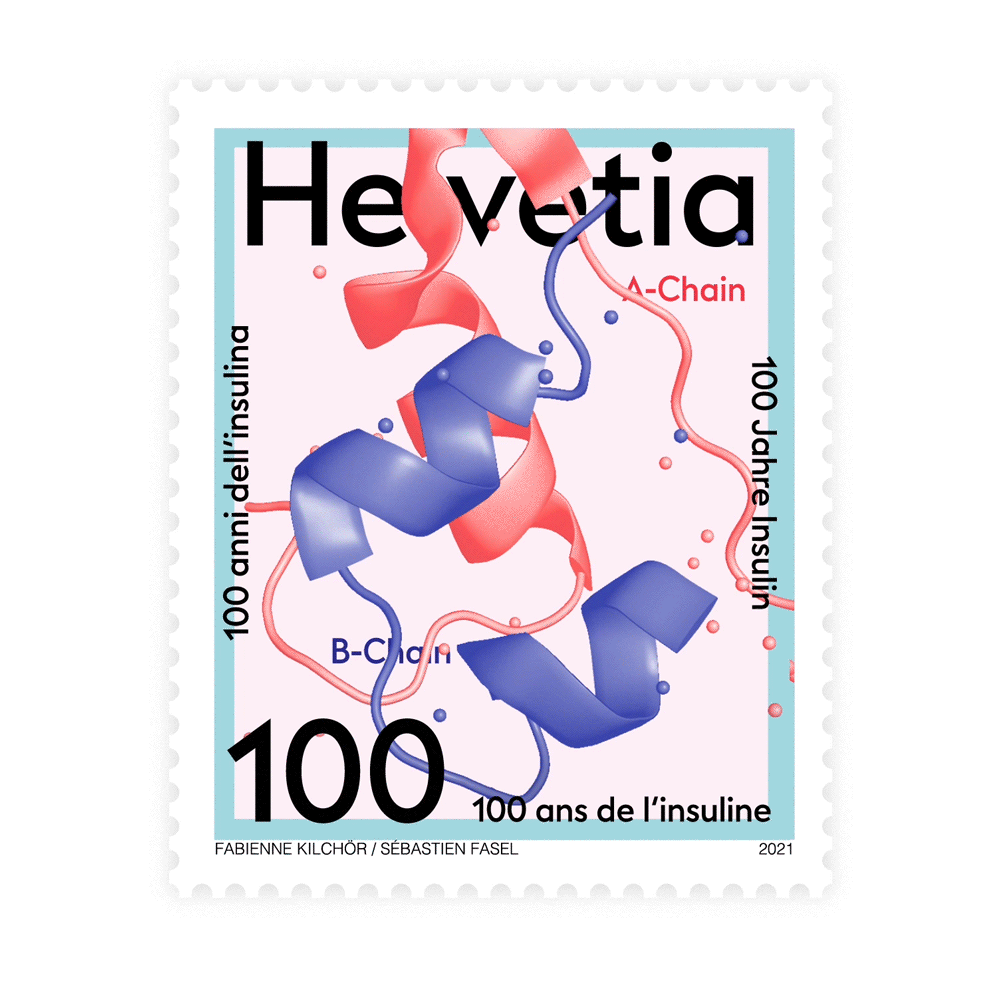 Conception and design of the stamp for the Swiss Post on the occasion of the 100th anniversary of insulin. Since 1921, the diagnosis of type 1 diabetes no longer means a death sentence. The reason for this is the invention of insulin. This groundbreaking discovery is on a par with the antibiotic. The three-dimensional model visualized on the stamp shows the tertiary structure of an insulin molecule and at the same time resembles a garland. Because: there is something to celebrate. Happy Birthday Insulin. Date of issue: 4.3.2021