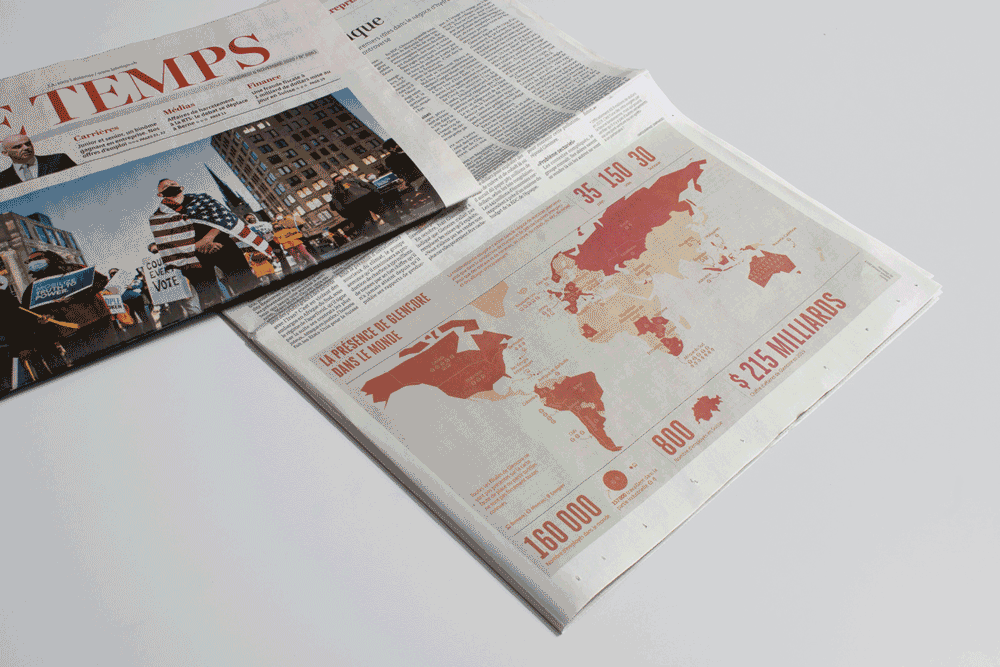 Infographic for the newspaper Le Temps (Edition of the 6th of November 2020). The infographic accompanies an article on Glencore and places on a map the various activities of the company in the world.